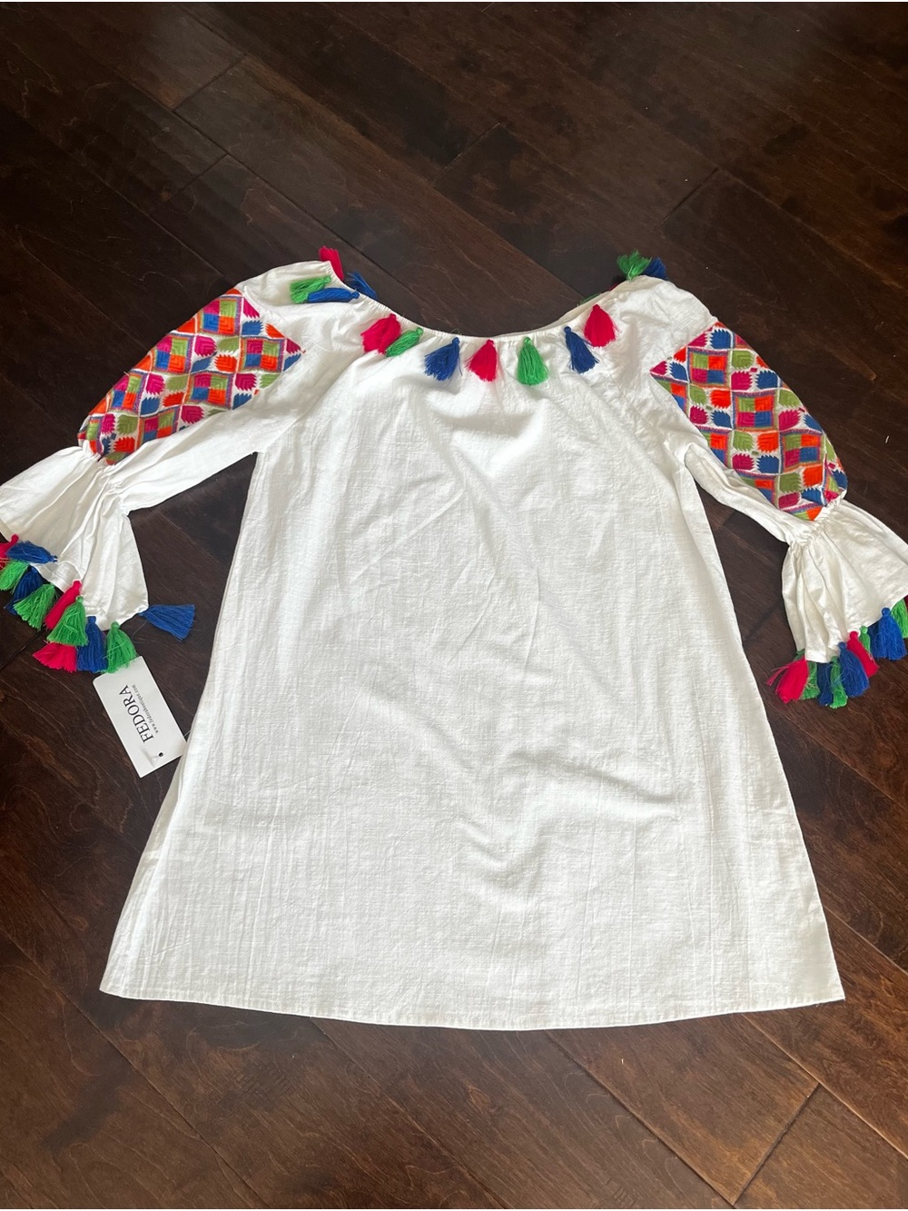 Velzera White Mini Dress with Multicolor Embroidered Sleeves and Tassels